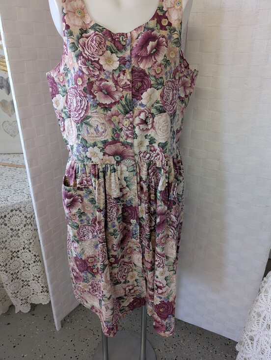 Vintage Dresses & Skirts - VINTAGE Cottagecore Floral Sleeveless Cotton Dress in Mauve Pink 1980 XL